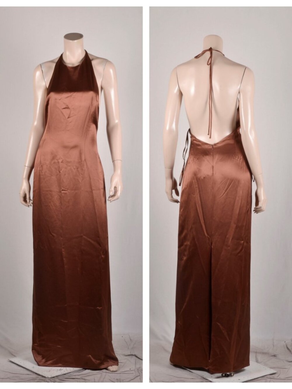 STAUD Janet Satin Halter Maxi Dress in Clove - Picture 3 of 8